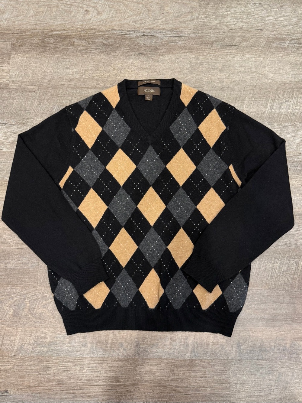 Vintage Tasso Elba Argyle Sweater Sz L Cashmere 90s V Neck Preppy Dark Academia